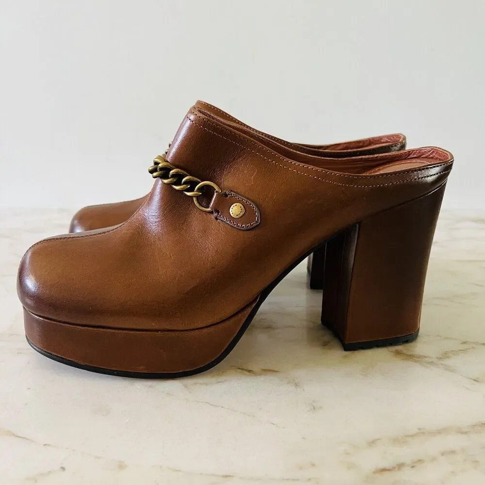 COACH Brown Leather Metal Chain Slip On Clog With High Chunky Heels - US 9.5